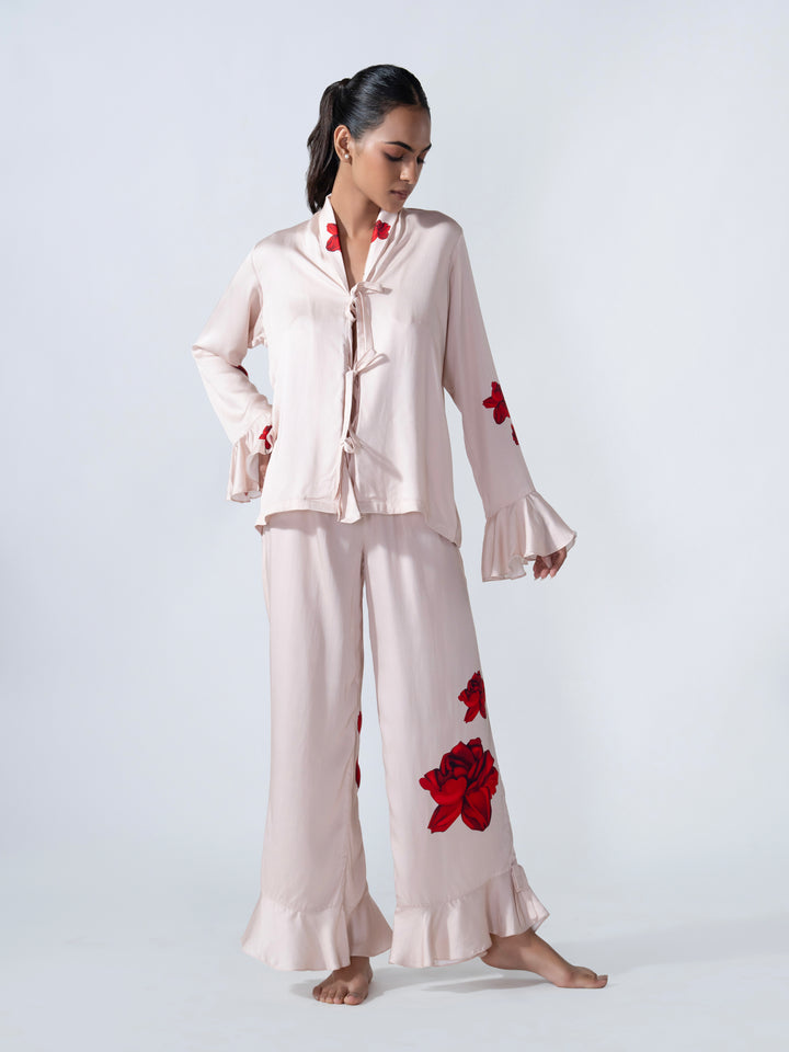 Rose Sorbet Ruffle PJ Set – Luxury Pajama Set for Women in Soft Pastel