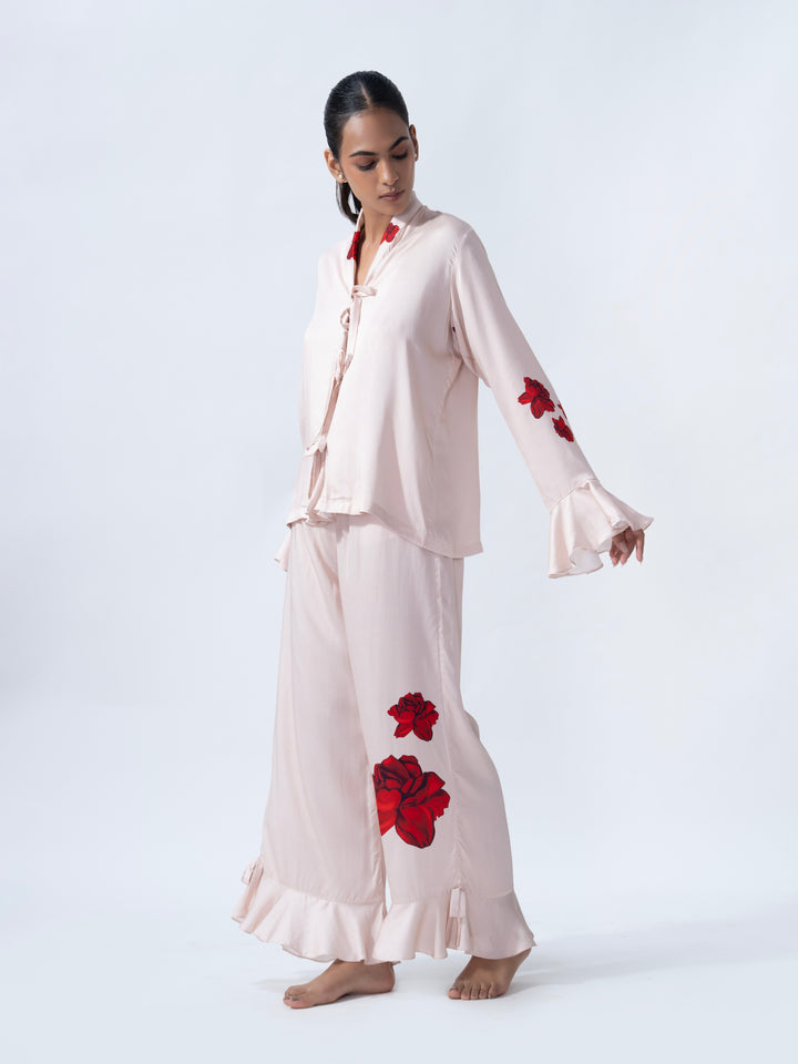 Elegant Rose Sorbet Ruffle PJ Set – Premium Pyjama Sets Nightwear for Women