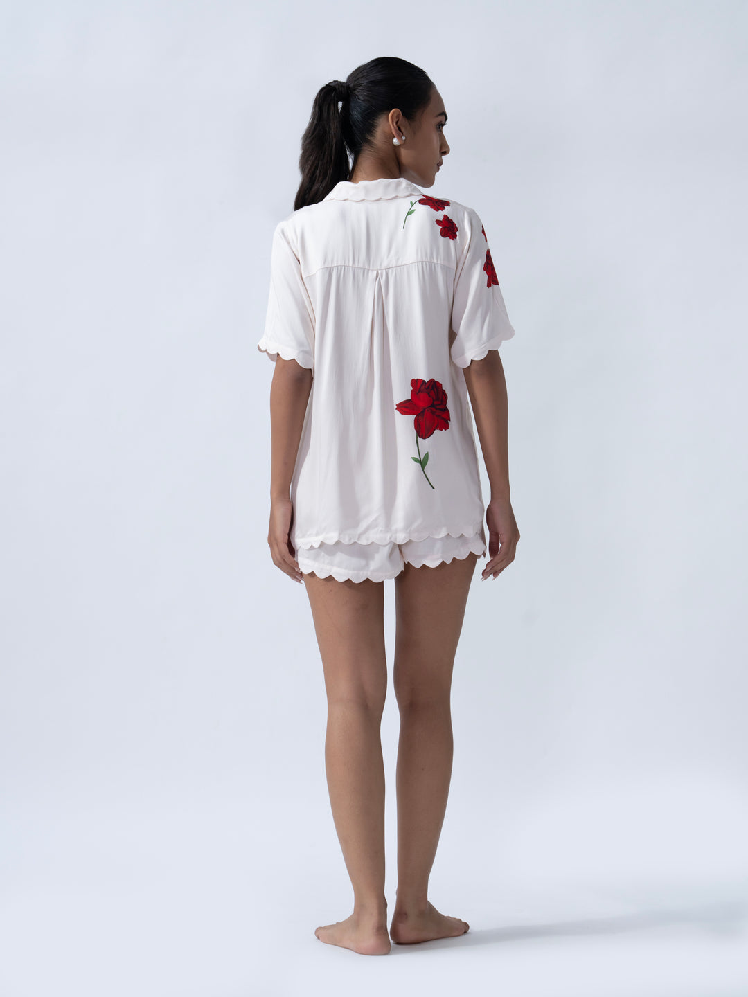 Chic Lovers & Roses Scallop PJ Short Set styled as a short camisole and shorts set for lounging in style