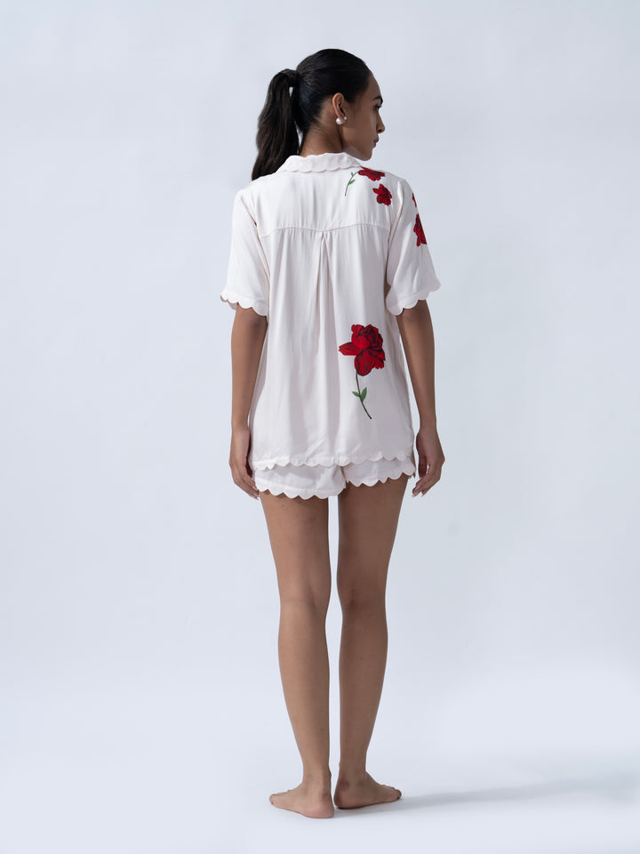 Chic Lovers & Roses Scallop PJ Short Set styled as a short camisole and shorts set for lounging in style