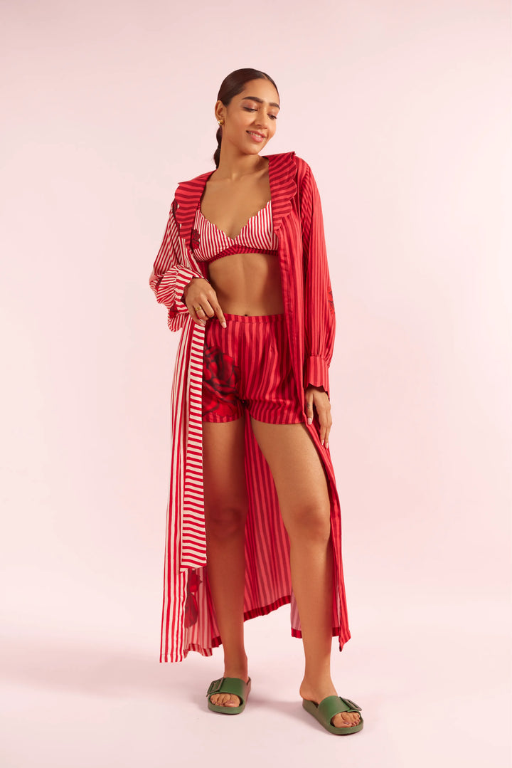 Mad Love Striped Bralette, Rose Scalloped Robe & Shorts Set