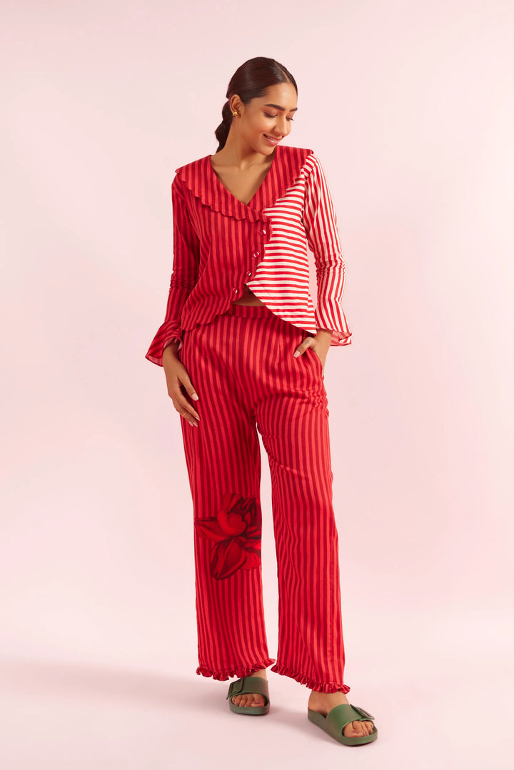 Mad Love Red Striped Scalloped Lounge to Sleep PJ set