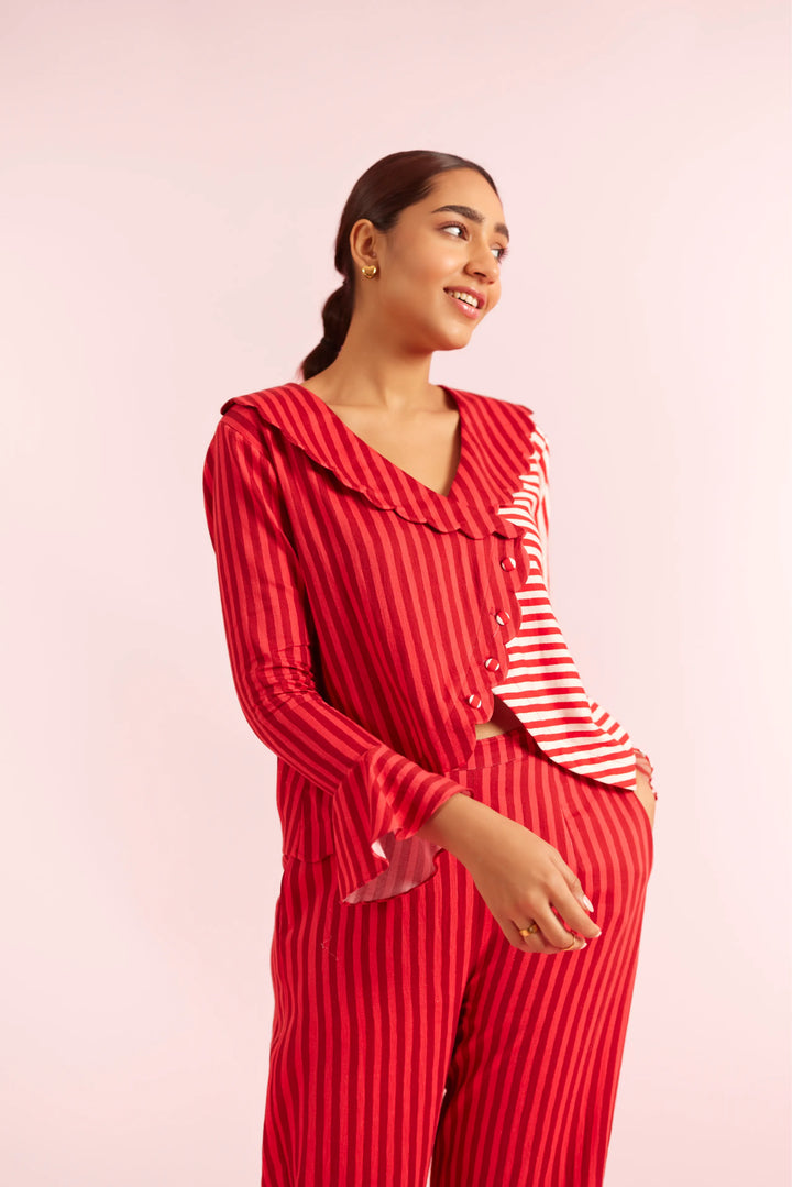 Mad Love Red Striped Scalloped Lounge to Sleep PJ set