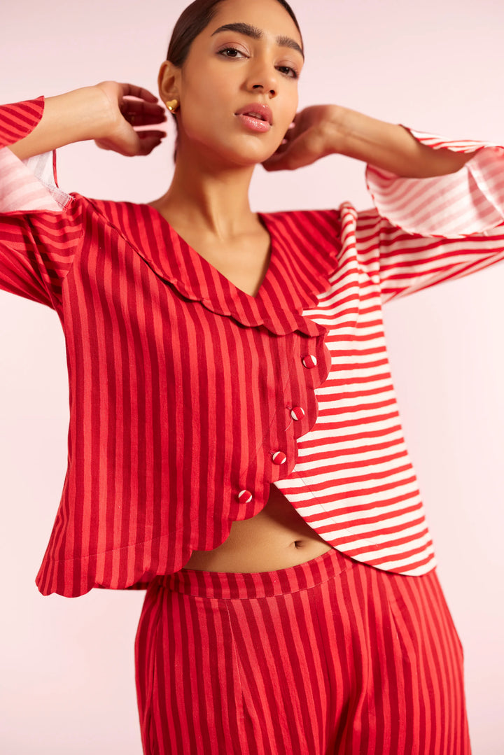 Mad Love Red Striped Scalloped Lounge to Sleep PJ set