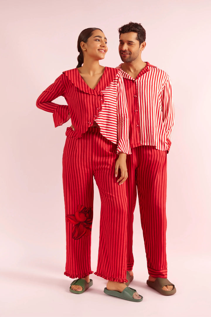 Mad Love Red Striped Classic Couple PJ set