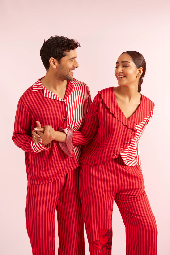 Mad Love Red Striped Classic Couple PJ set