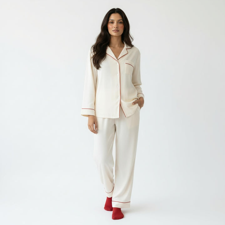 Ivory & Red Piped Modal PJ Set