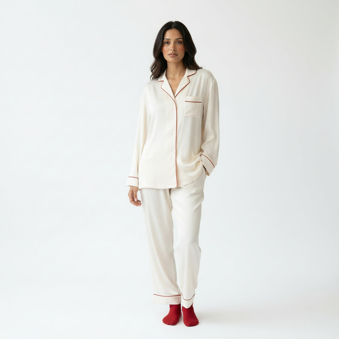 Ivory & Red Piped Modal PJ Set