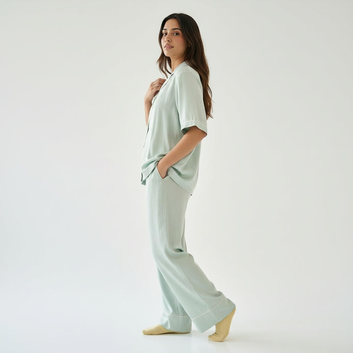 Celeste Blue Solid Pajama Set - Half Sleeves