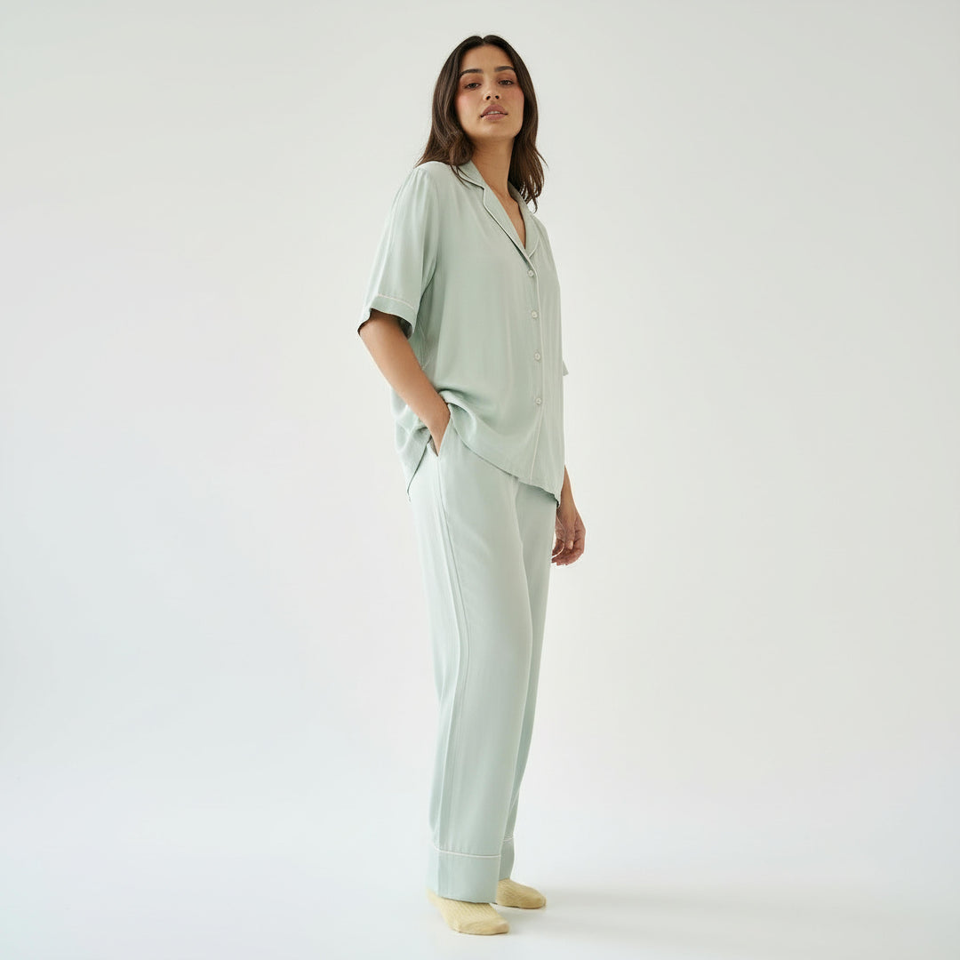 Celeste Blue Solid Pajama Set - Half Sleeves