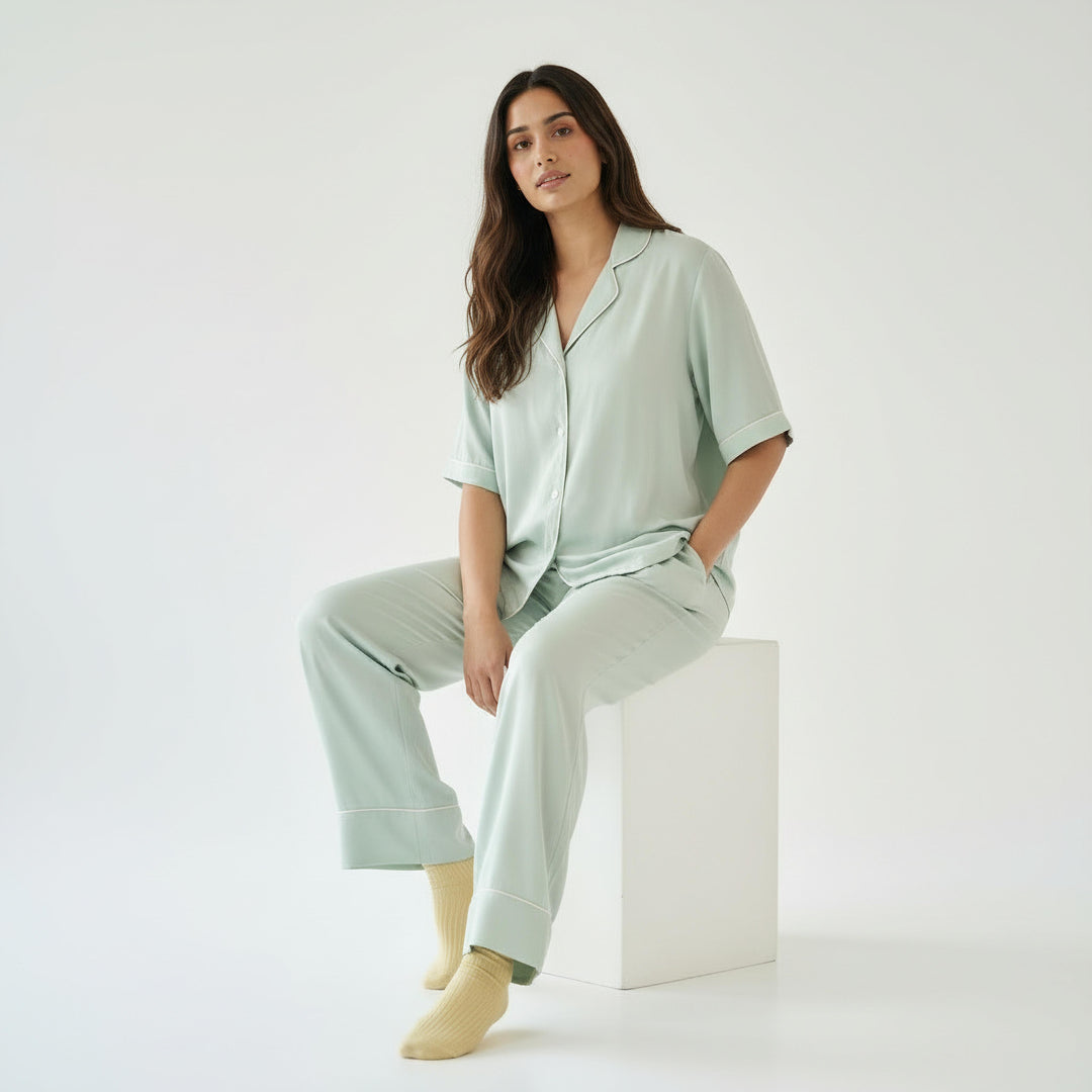 Celeste Blue Solid Pajama Set - Half Sleeves