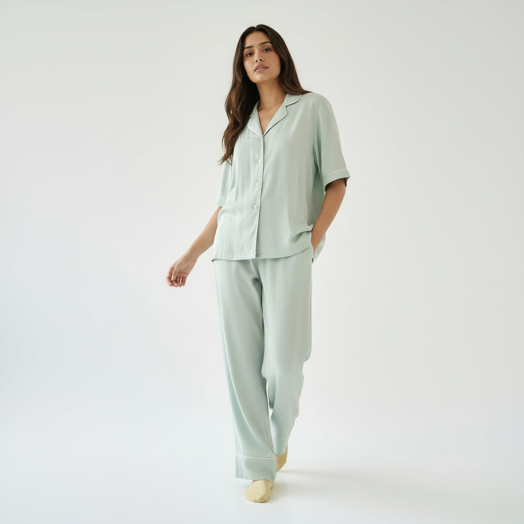 Celeste Blue Solid Pajama Set - Half Sleeves
