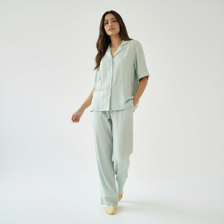 Celeste Blue Solid Pajama Set - Half Sleeves