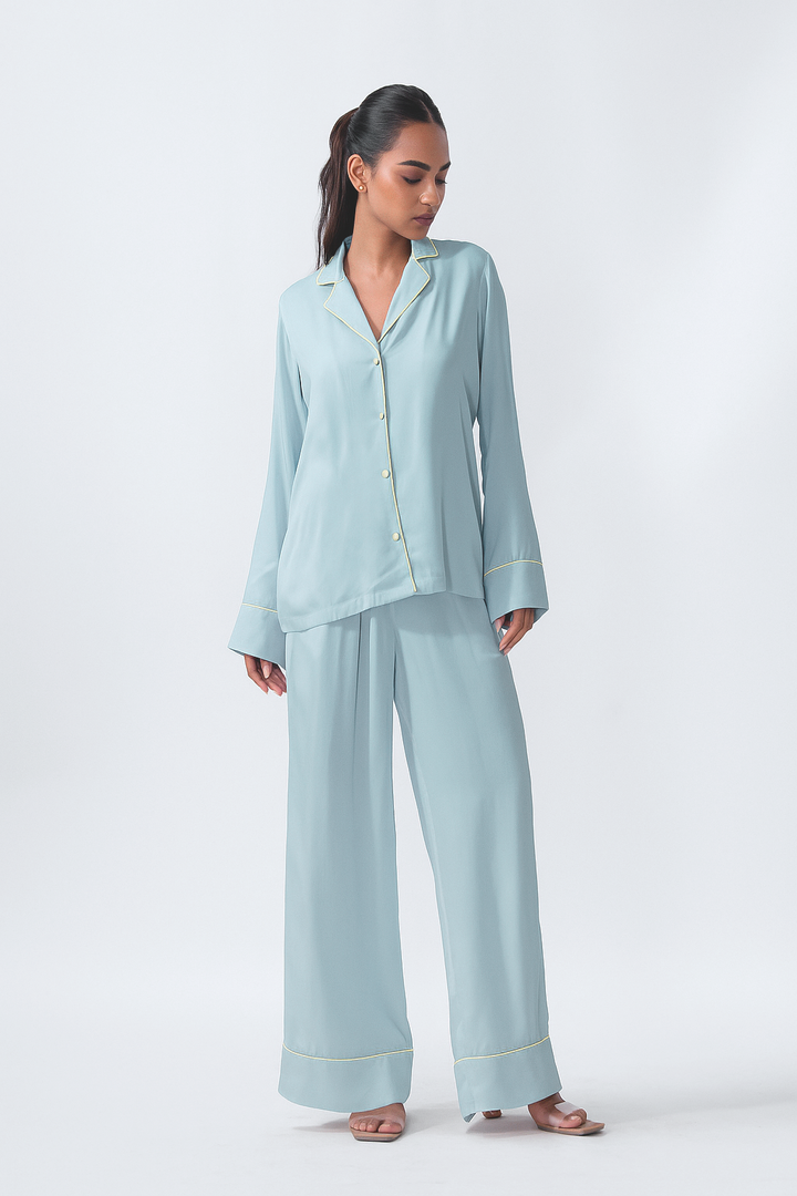 Full-Sleeved Pajama Set in Celeste Blue