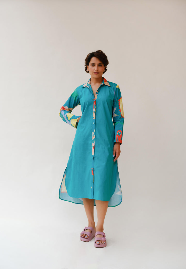 Summer Child Printed Shirt Dress in Teal