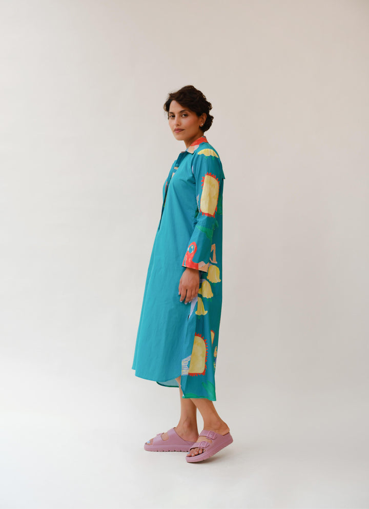 Summer Child Printed Shirt Dress in Teal